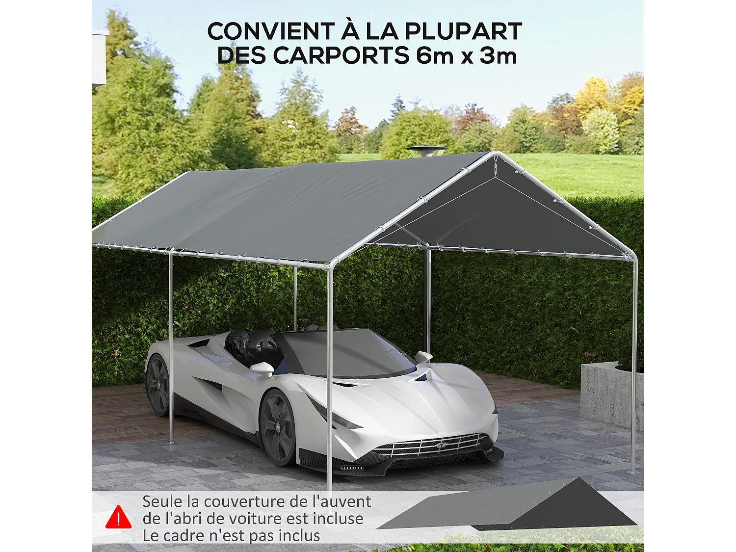 Toile de rechange carport auvent voiture dim. 6L x 3l m tendeurs élastiques inclus PE haute densité gris