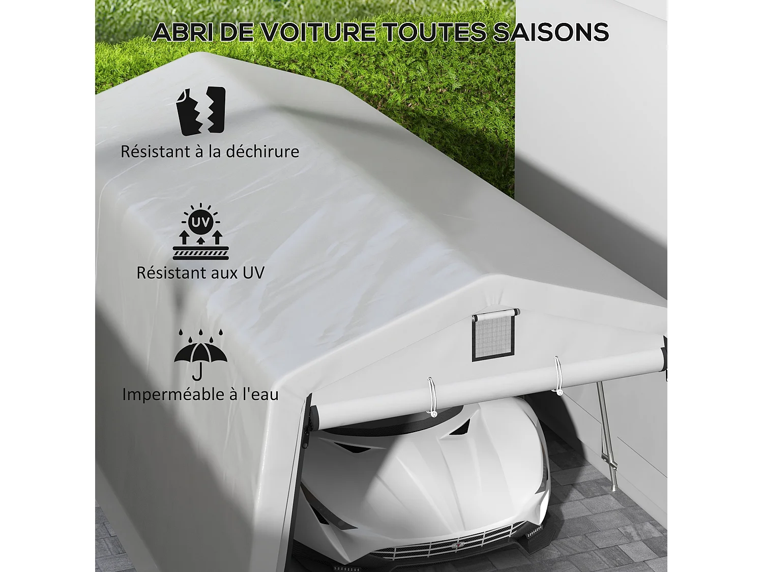 Tente garage carport dim 6L x 3,3l x 2,4H m acier galvanisé robuste PE haute densité 150 g/m² imperméable anti-UV gris