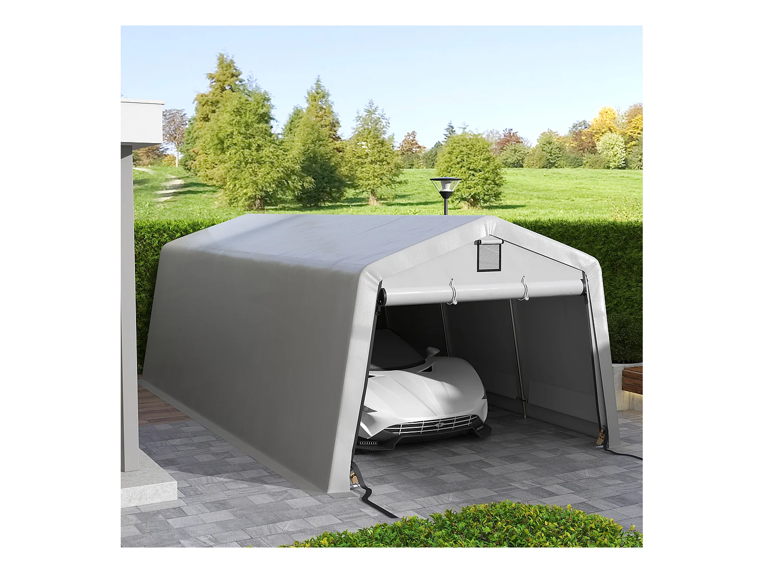 Tente garage carport dim 6L x 3,3l x 2,4H m acier galvanisé robuste PE haute densité 150 g/m² imperméable anti-UV gris