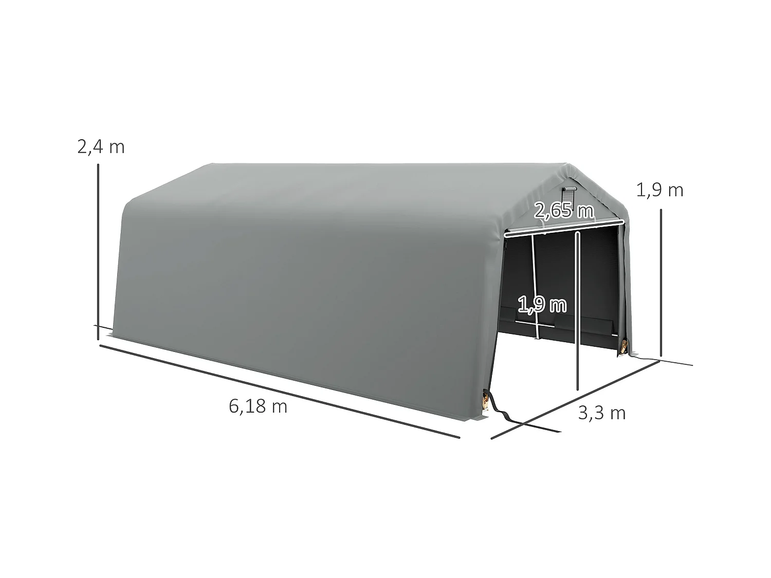Tente garage carport dim 6L x 3,3l x 2,4H m acier galvanisé robuste PE haute densité 150 g/m² imperméable anti-UV gris