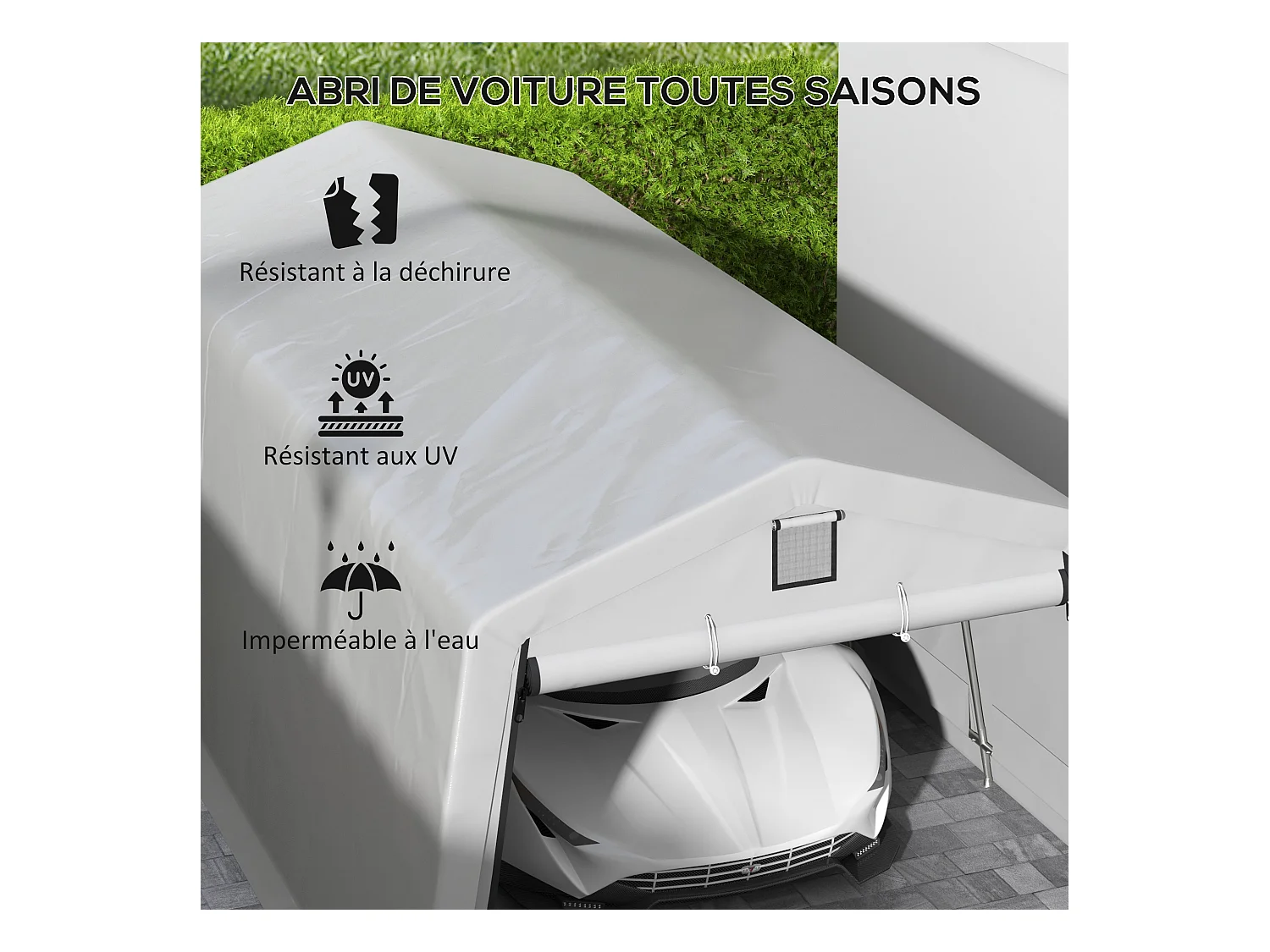 Tente garage carport dim 6L x 3,3l x 2,4H m acier galvanisé robuste PE haute densité 150 g/m² imperméable anti-UV gris