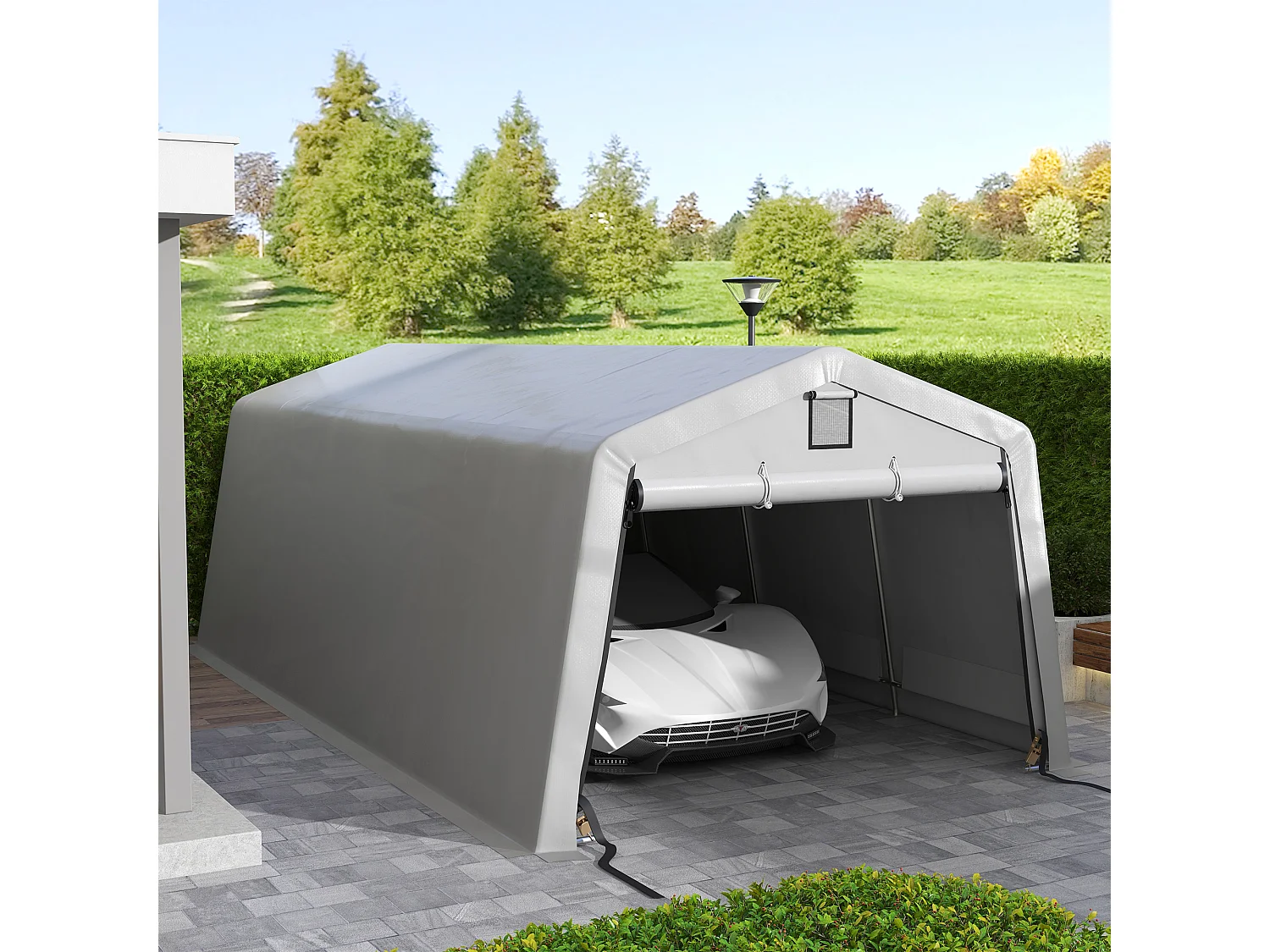 Tente garage carport dim 6L x 3,3l x 2,4H m acier galvanisé robuste PE haute densité 150 g/m² imperméable anti-UV gris