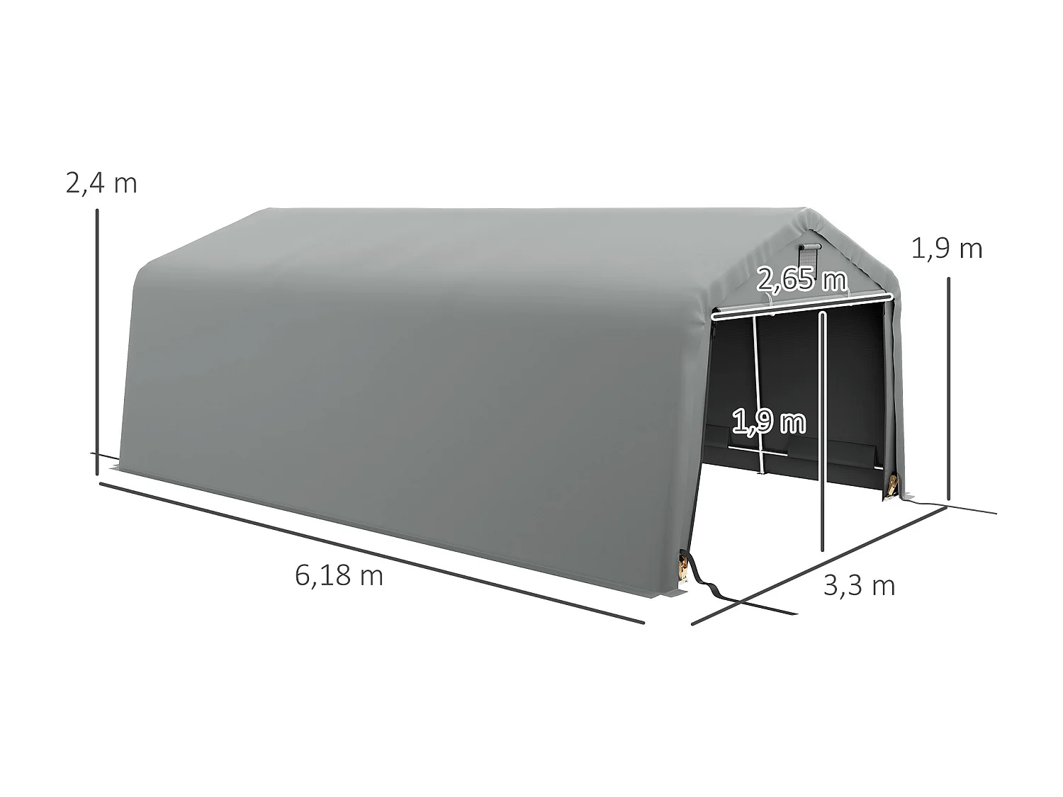 Tente garage carport dim 6L x 3,3l x 2,4H m acier galvanisé robuste PE haute densité 150 g/m² imperméable anti-UV gris