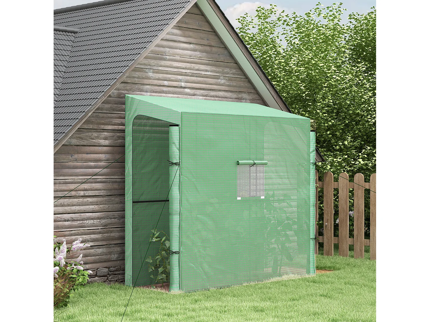 Serre de jardin adossée serre adossée dim. 2L x 0,8l x 2H m 2 portes zippées fenêtre acier PE haute densité vert