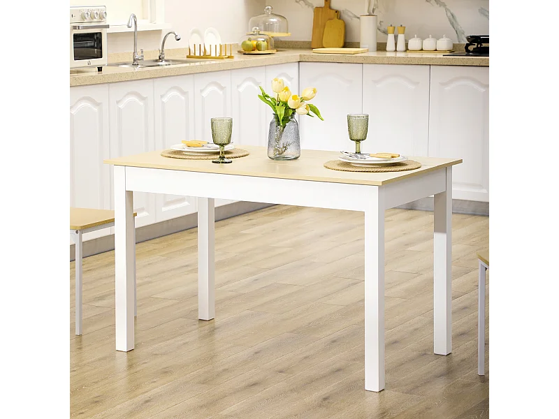 Table à manger grand plateau 4-6 personnes dim. 119L x 70l x 75H cm blanc aspect bois clair