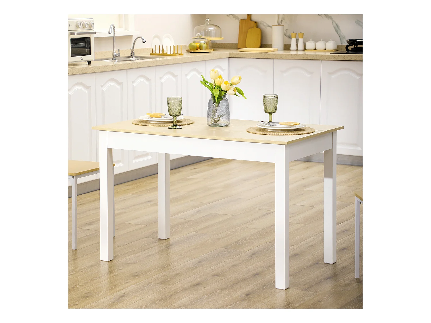 Table à manger grand plateau 4-6 personnes dim. 119L x 70l x 75H cm blanc aspect bois clair