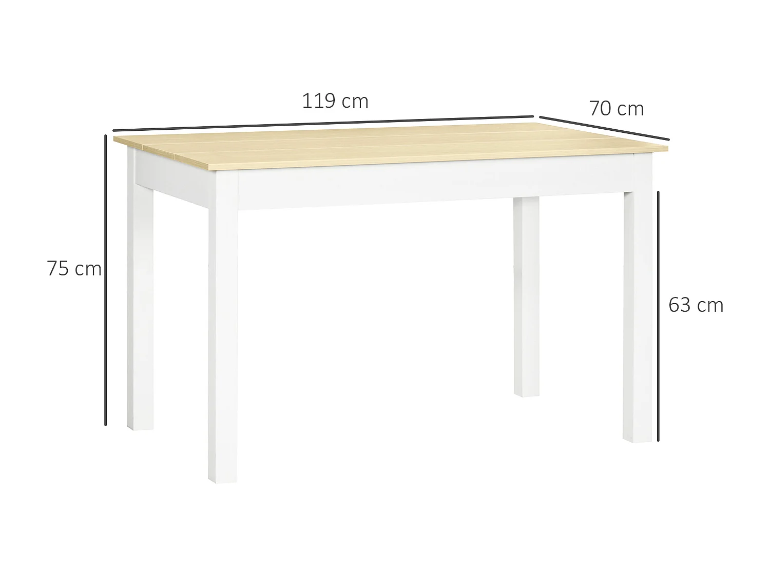Table à manger grand plateau 4-6 personnes dim. 119L x 70l x 75H cm blanc aspect bois clair