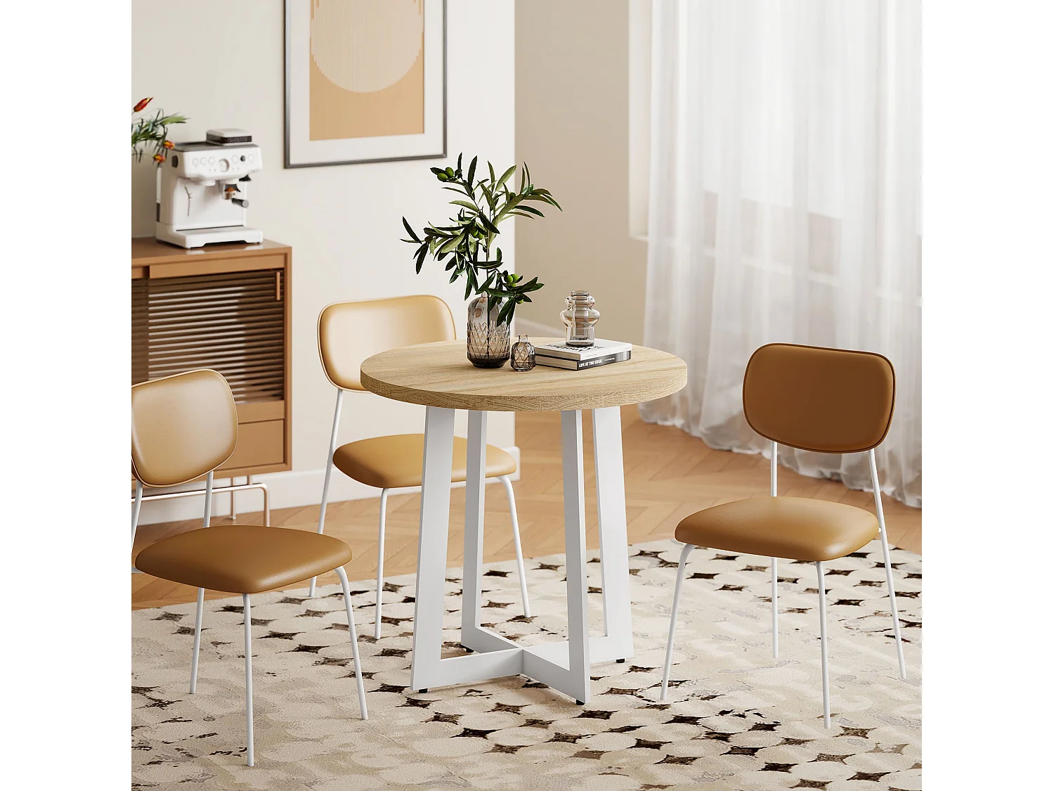 Table à manger ronde 4 personnes piètement acier blanc plateau aspect chêne clair