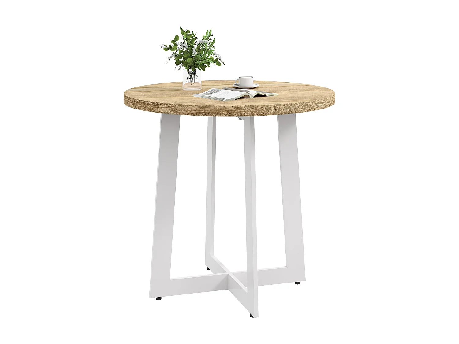Table à manger ronde 4 personnes piètement acier blanc plateau aspect chêne clair