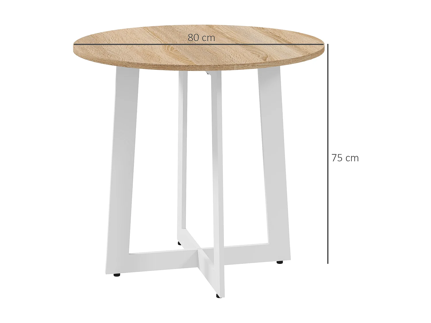 Table à manger ronde 4 personnes piètement acier blanc plateau aspect chêne clair
