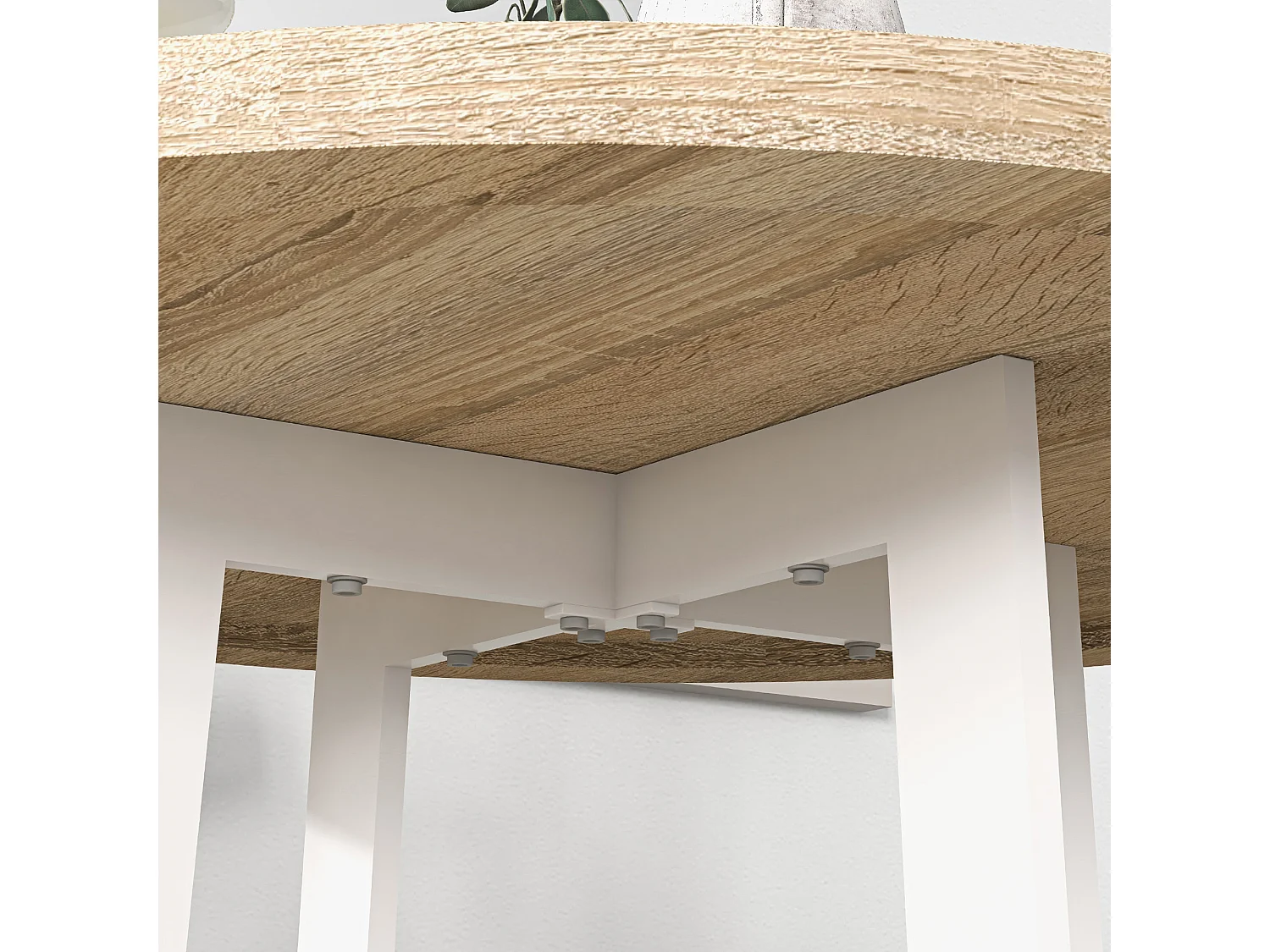 Table à manger ronde 4 personnes piètement acier blanc plateau aspect chêne clair
