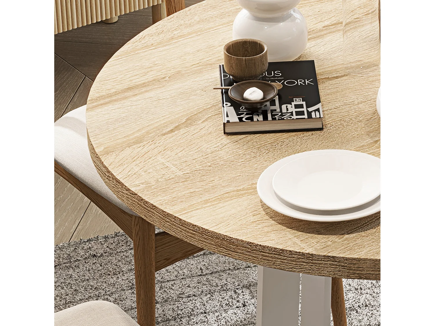 Table à manger ronde 4 personnes piètement acier blanc plateau aspect chêne clair