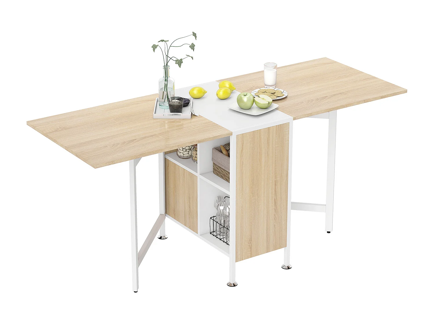 Table pliable de cuisine salle à manger 4 niches intégrées dim. dépliées 169L x 62l x 75H cm MDF chêne clair acier blanc