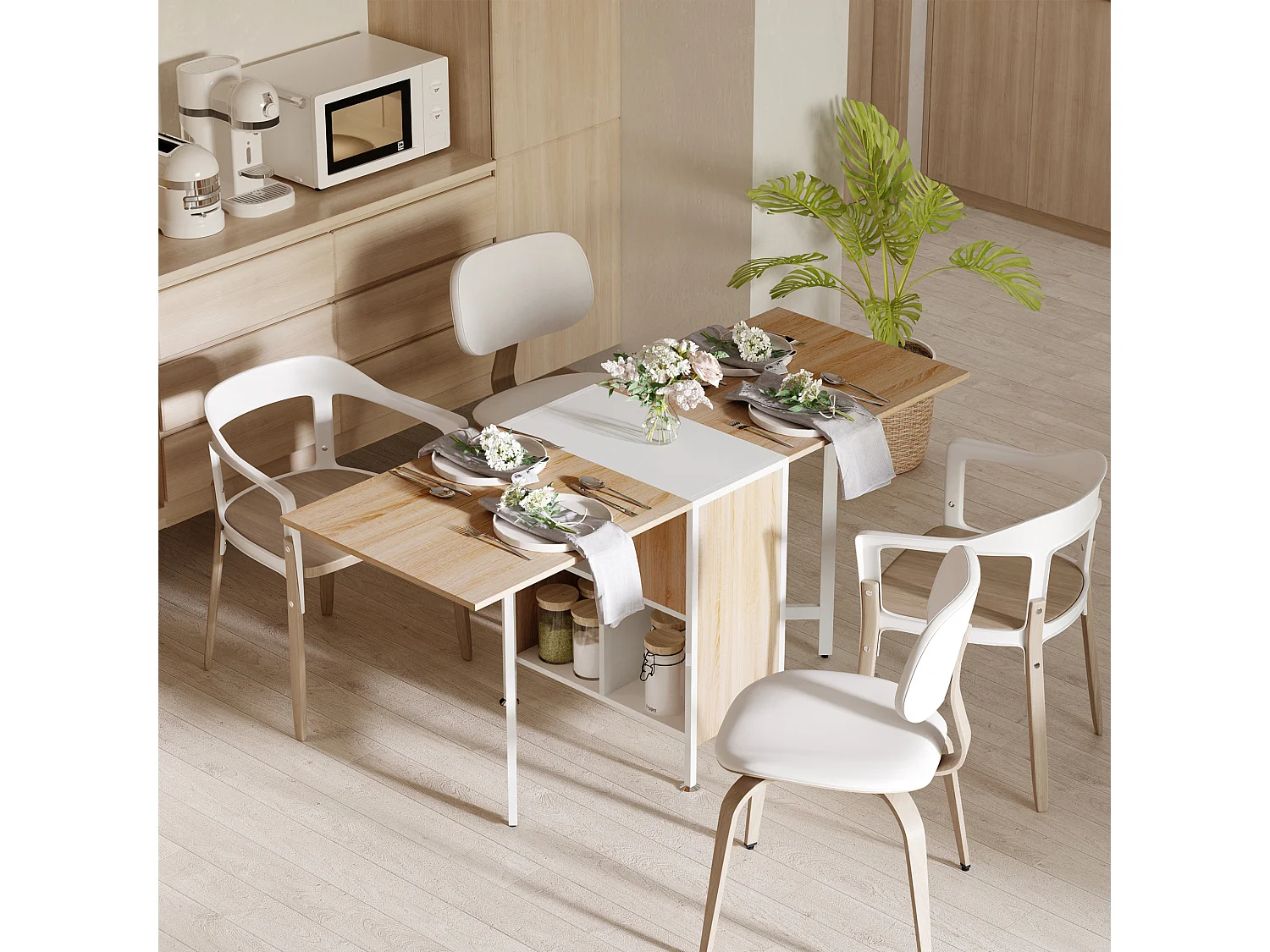 Table pliable de cuisine salle à manger 4 niches intégrées dim. dépliées 169L x 62l x 75H cm MDF chêne clair acier blanc