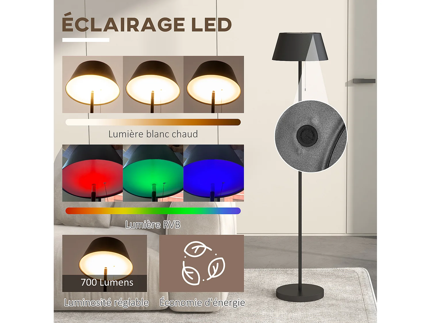 Lampadaire extérieur solaire LED sans fil rechargeable USB réglable alu ABS noir