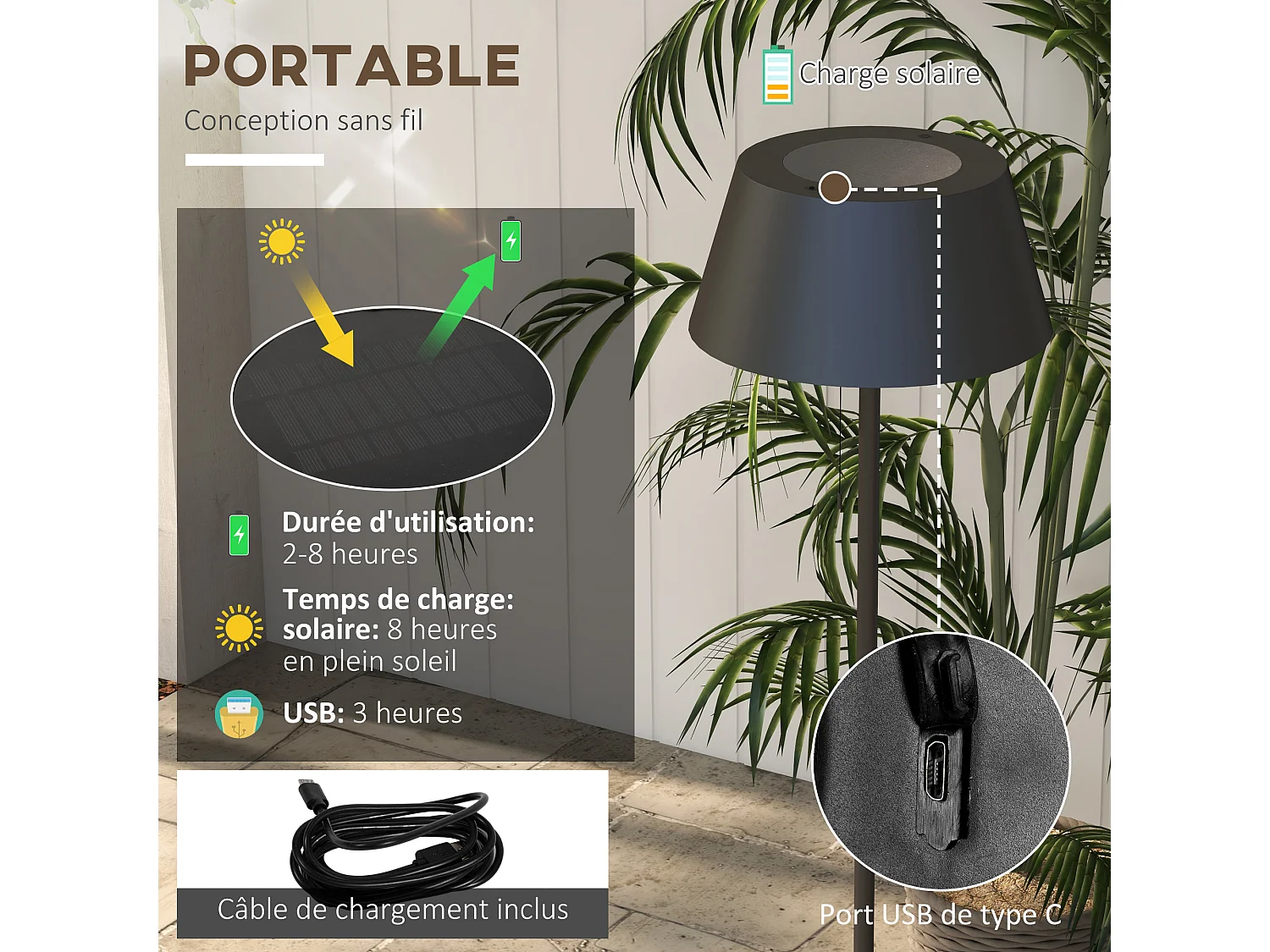 Lampadaire extérieur solaire LED sans fil rechargeable USB réglable alu ABS noir