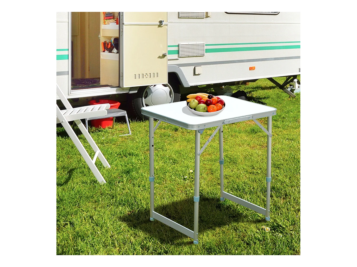Table pliante table de camping table de jardin hauteur réglable aluminium MDF blanc