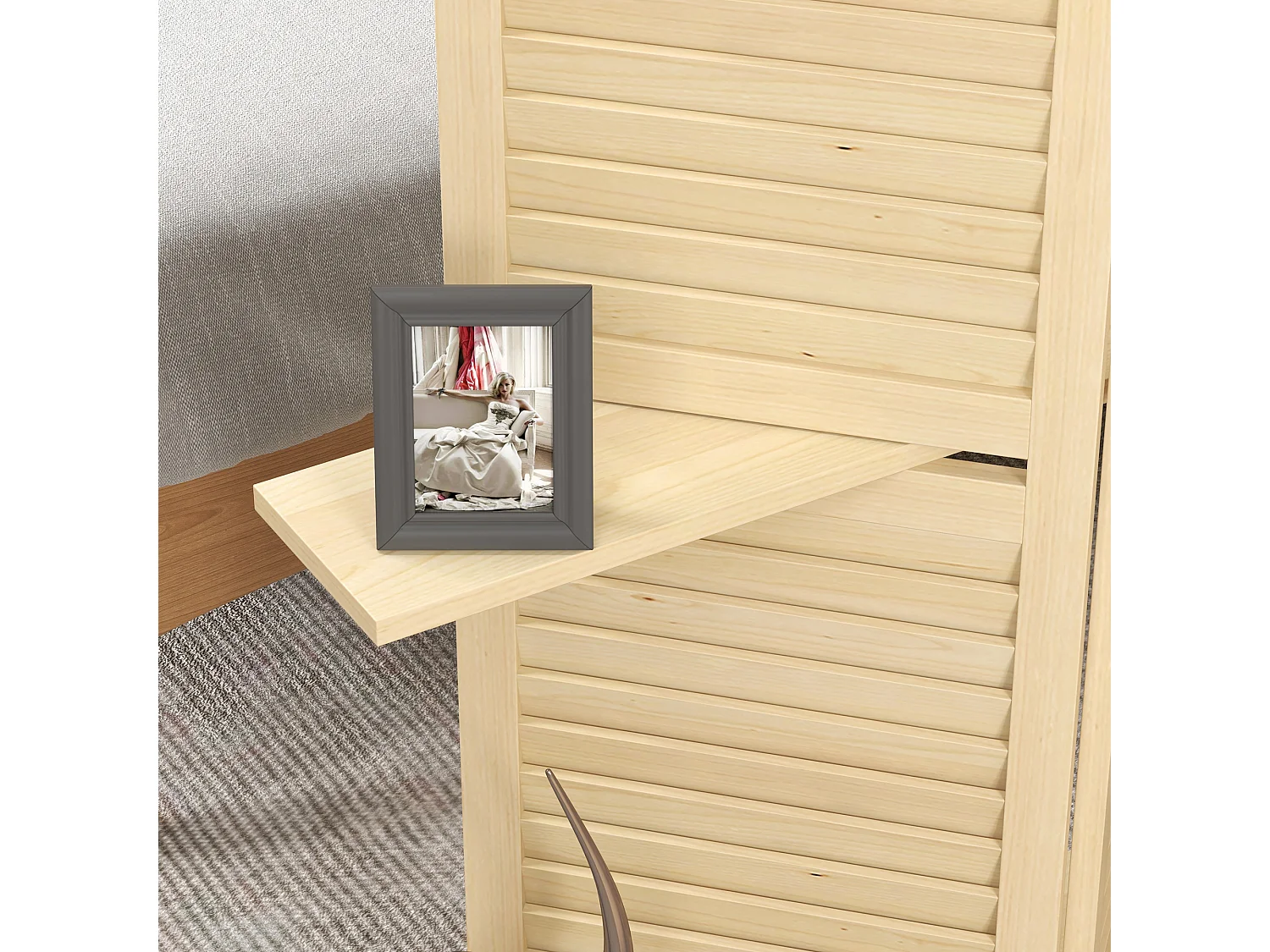 Paravent intérieur 4 panneaux 3 étagères pliables séparateur de pièce portes persiennes bois de paulownia naturel