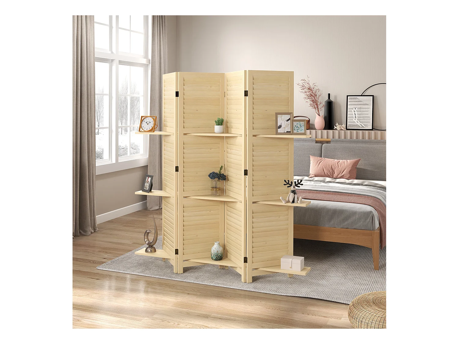 Paravent intérieur 4 panneaux 3 étagères pliables séparateur de pièce portes persiennes bois de paulownia naturel