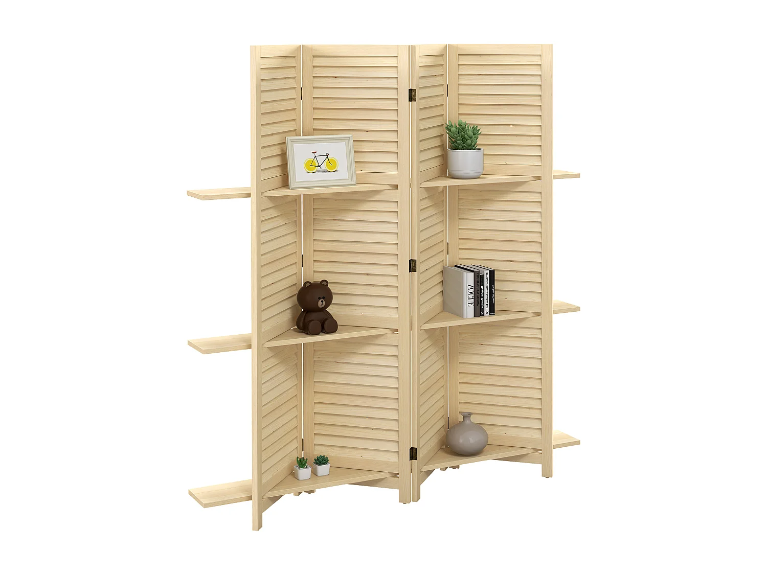 Paravent intérieur 4 panneaux 3 étagères pliables séparateur de pièce portes persiennes bois de paulownia naturel