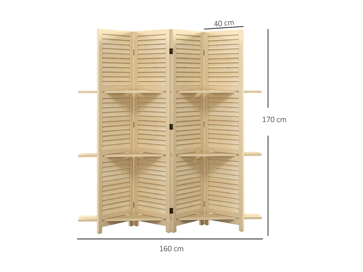 Paravent intérieur 4 panneaux 3 étagères pliables séparateur de pièce portes persiennes bois de paulownia naturel