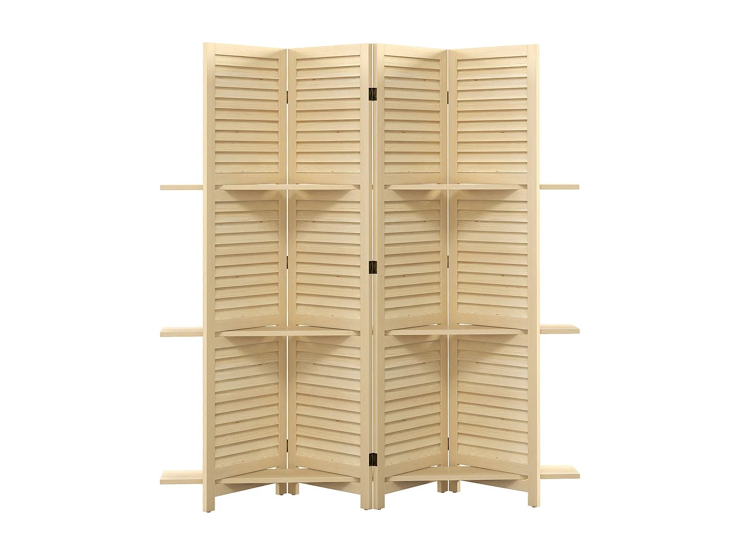 Paravent intérieur 4 panneaux 3 étagères pliables séparateur de pièce portes persiennes bois de paulownia naturel
