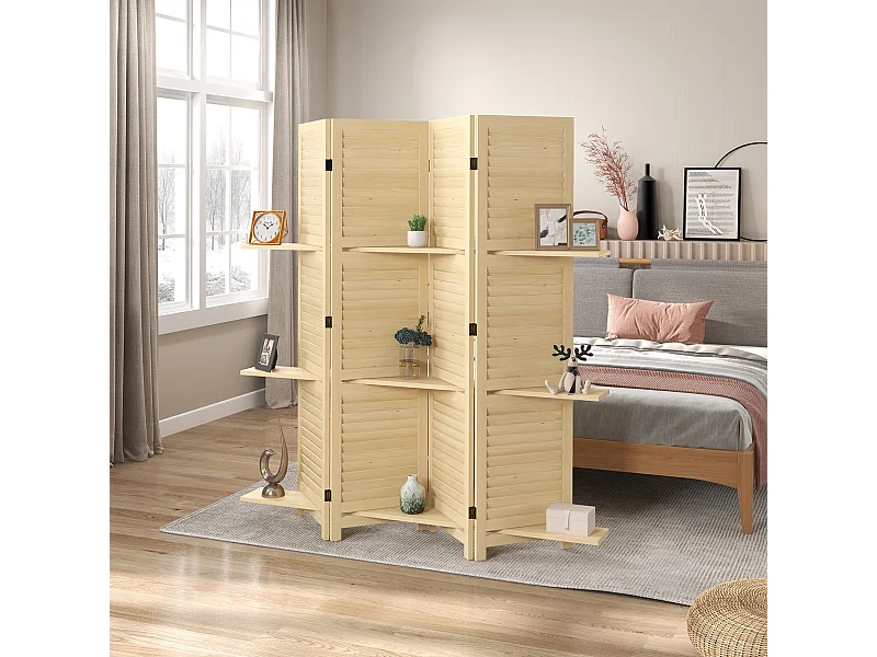 Paravent intérieur 4 panneaux 3 étagères pliables séparateur de pièce portes persiennes bois de paulownia naturel