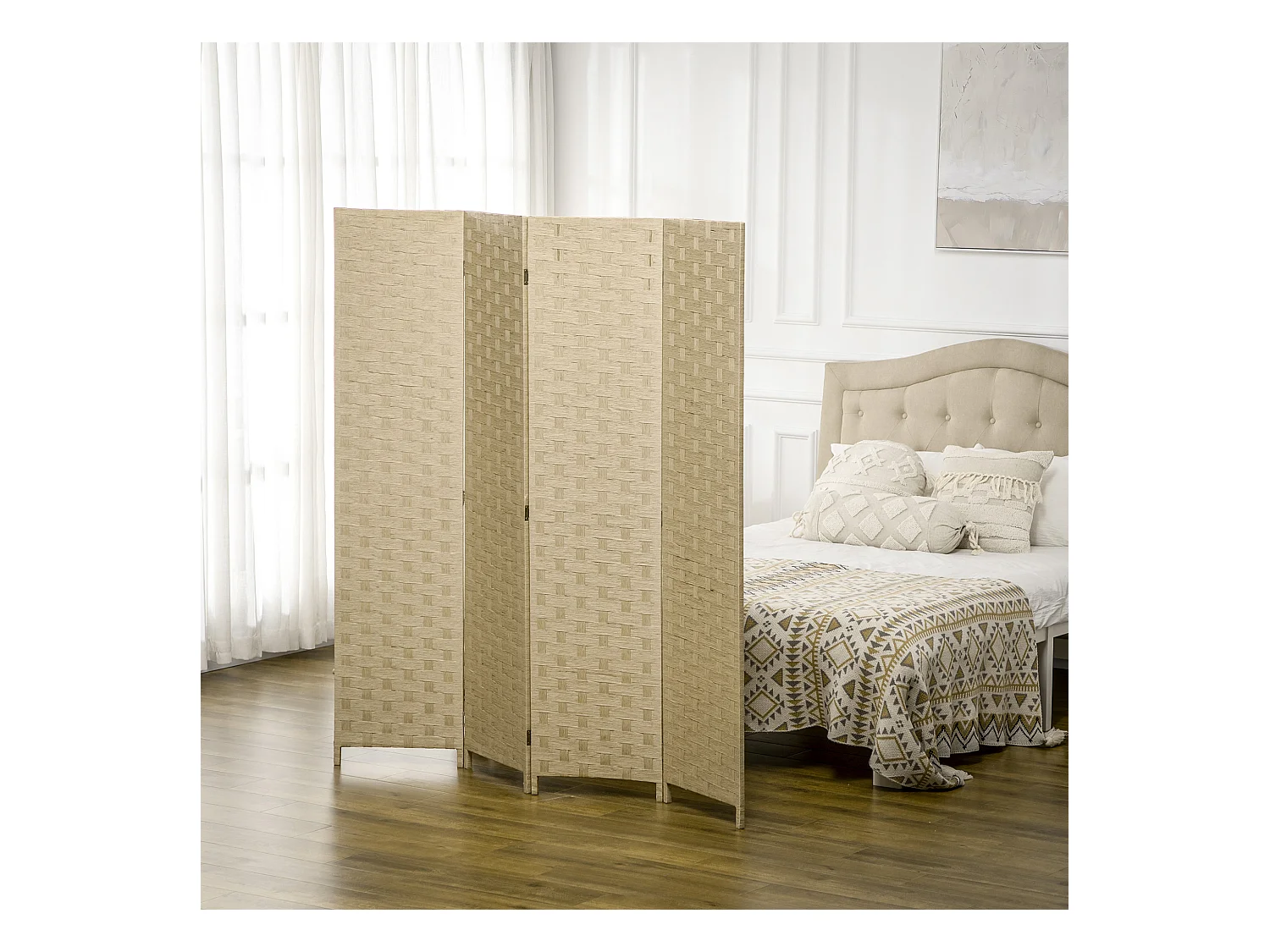 Paravent intérieur 4 panneaux pliables séparateur de pièce bois de pin fibres de papier tressé naturel