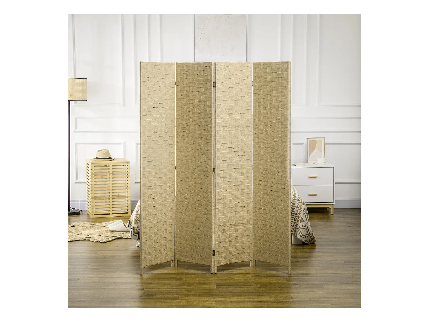 Paravent intérieur 4 panneaux pliables séparateur de pièce bois de pin fibres de papier tressé naturel