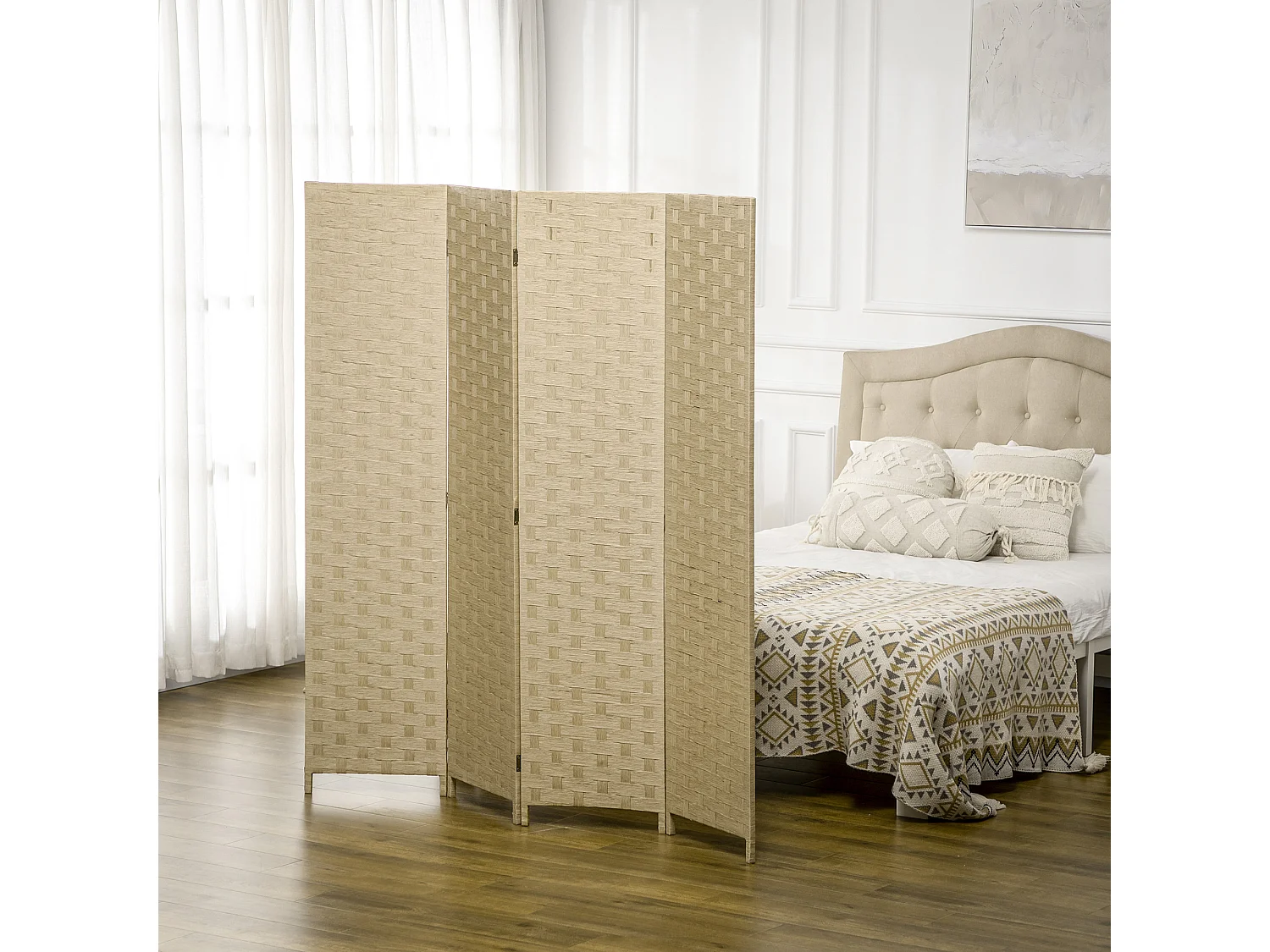 Paravent intérieur 4 panneaux pliables séparateur de pièce bois de pin fibres de papier tressé naturel