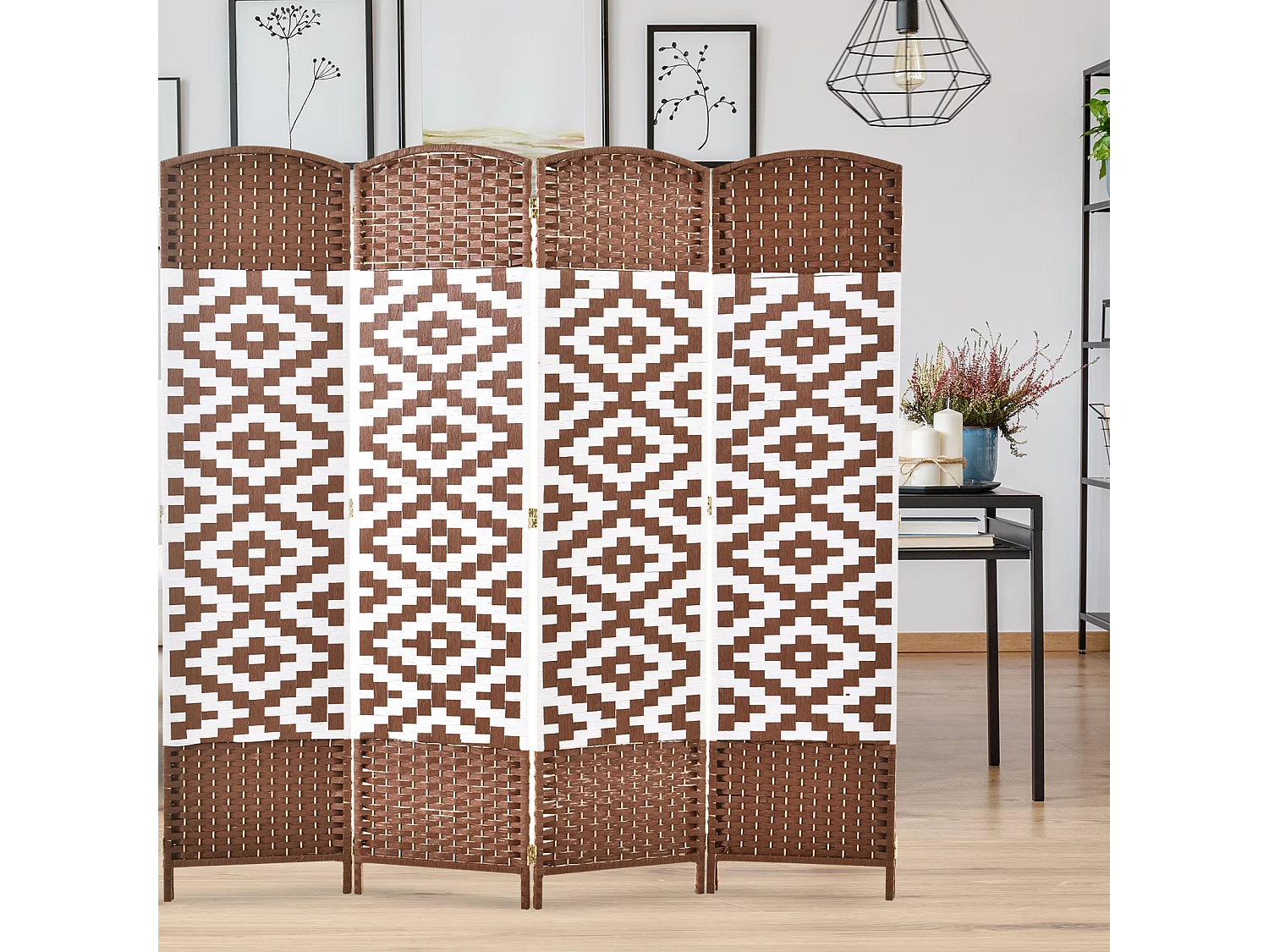 Paravent intérieur 4 panneaux pliables séparateur de pièce bois de peuplier tressé osier marron blanc