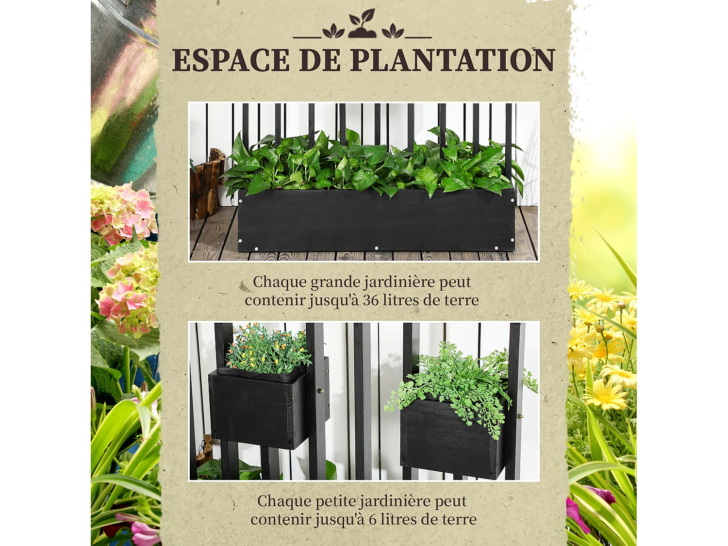 Jardinière surélevée avec treillis - dim. 90L x 45l x 170H cm - bois de sapin noir