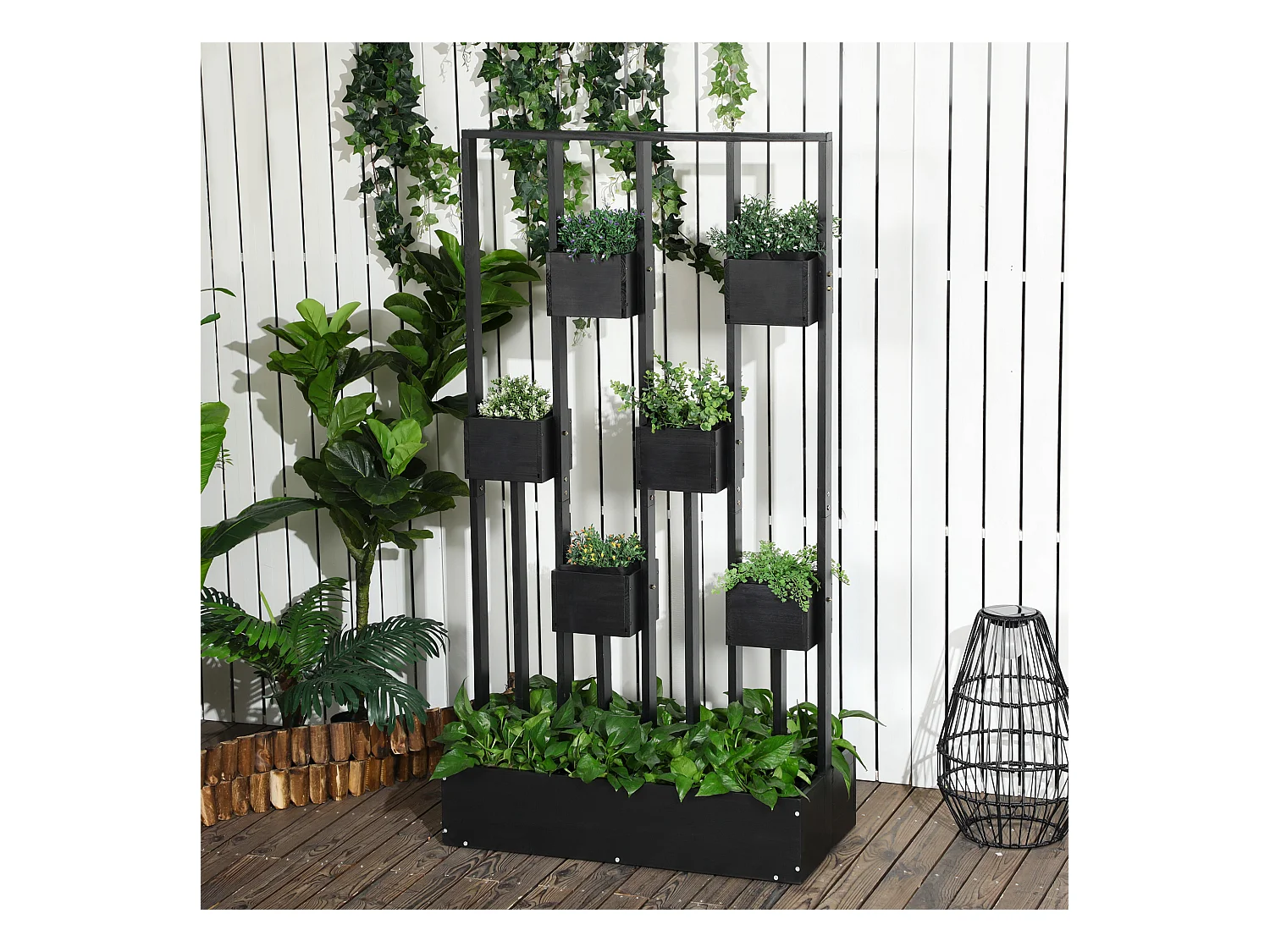 Jardinière surélevée avec treillis - dim. 90L x 45l x 170H cm - bois de sapin noir
