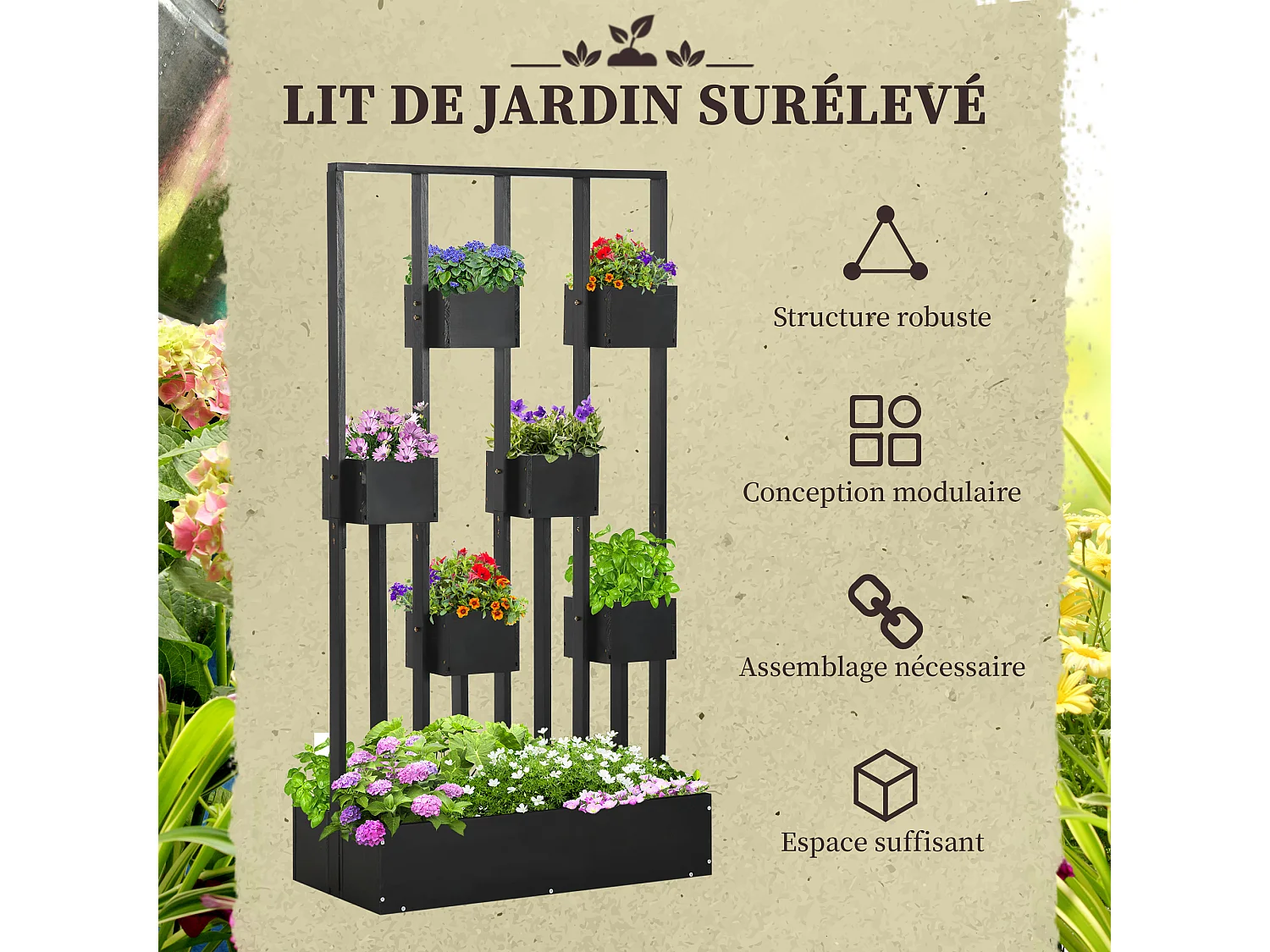 Jardinière surélevée avec treillis - dim. 90L x 45l x 170H cm - bois de sapin noir