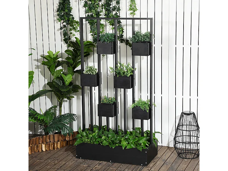 Jardinière surélevée avec treillis - dim. 90L x 45l x 170H cm - bois de sapin noir