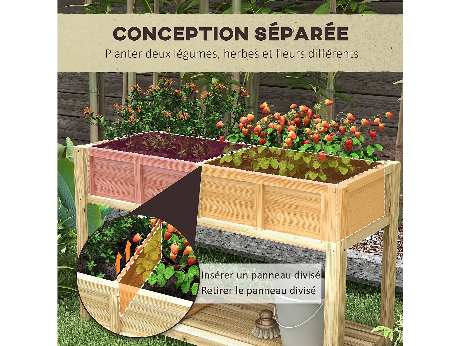 Jardinière sur pied - séparateur amovible, étagère - bois sapin autoclave