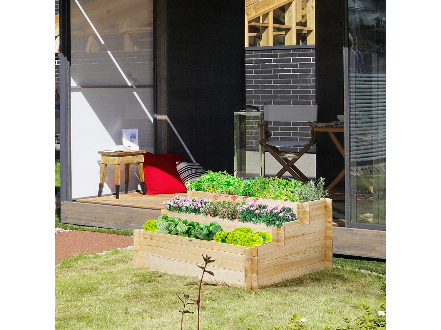 Jardinière en escalier 3 niveaux avec 9 séparateurs - feutre drainage inclus - bois sapin pré-huilé
