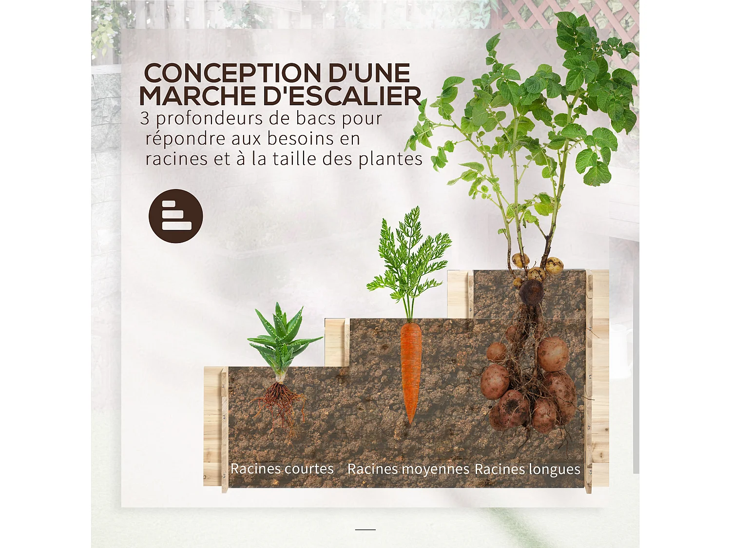 Jardinière en escalier 3 niveaux avec 9 séparateurs - feutre drainage inclus - bois sapin pré-huilé