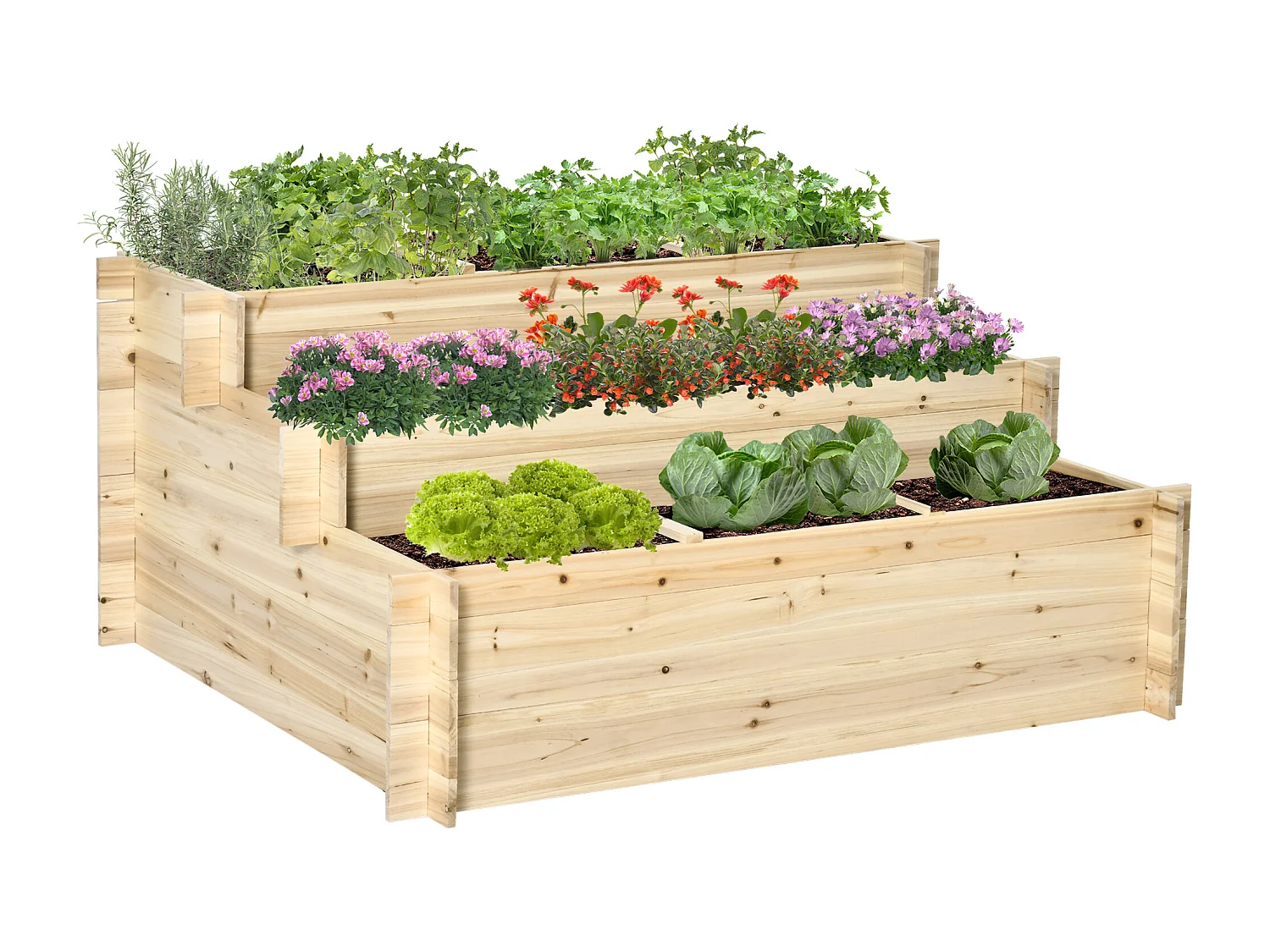 Jardinière en escalier 3 niveaux avec 9 séparateurs - feutre drainage inclus - bois sapin pré-huilé