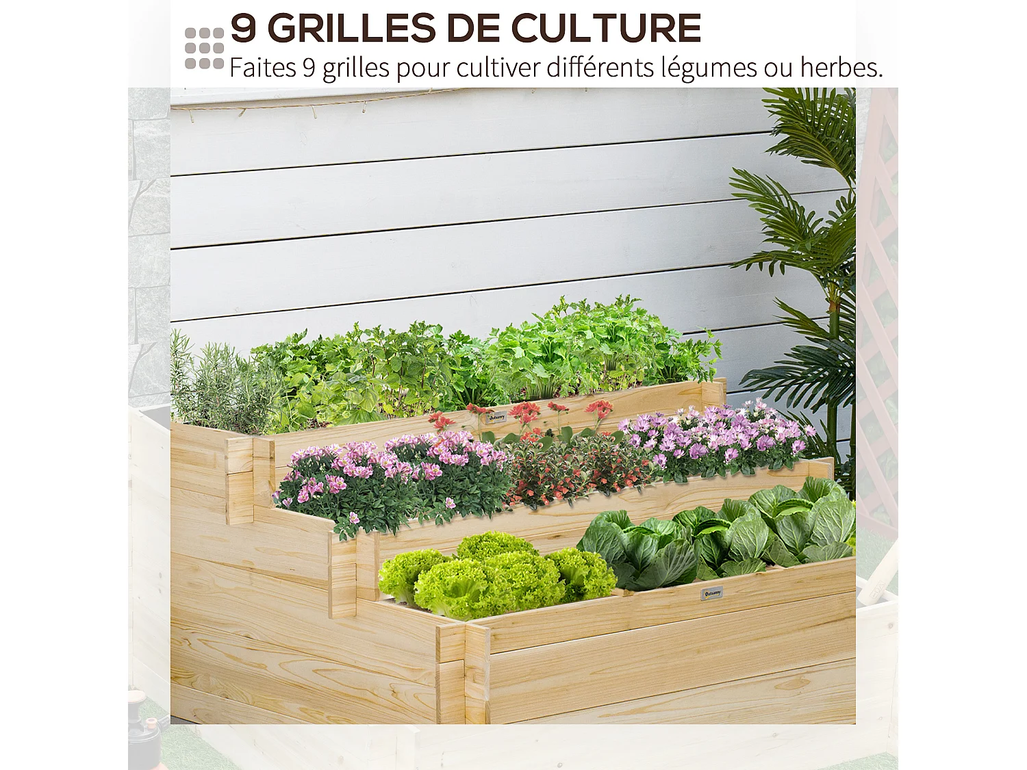 Jardinière en escalier 3 niveaux avec 9 séparateurs - feutre drainage inclus - bois sapin pré-huilé