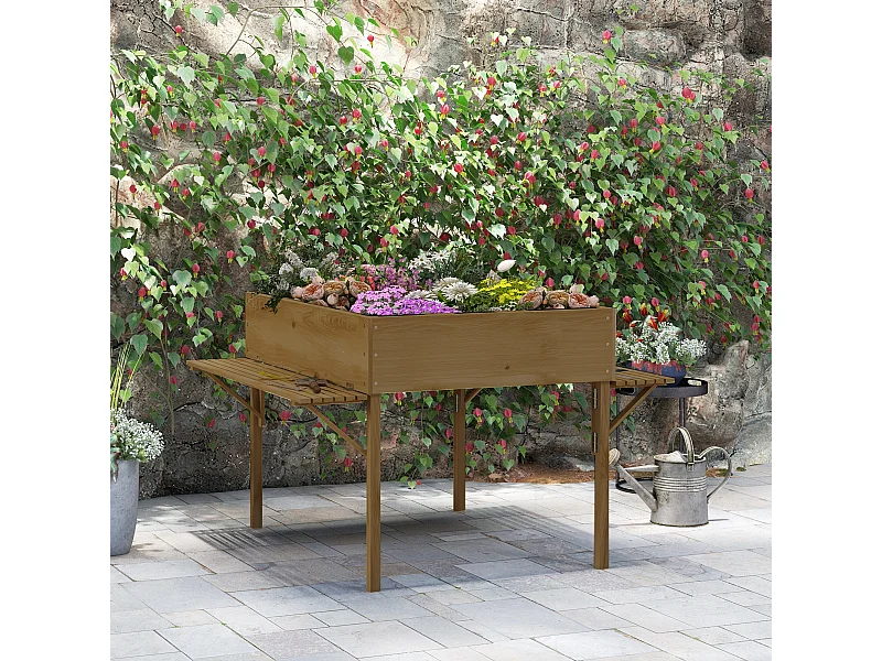 Jardinière rectangulaire sur pied - 12 compartiments, tablettes latérales rabattables - bois de sapin