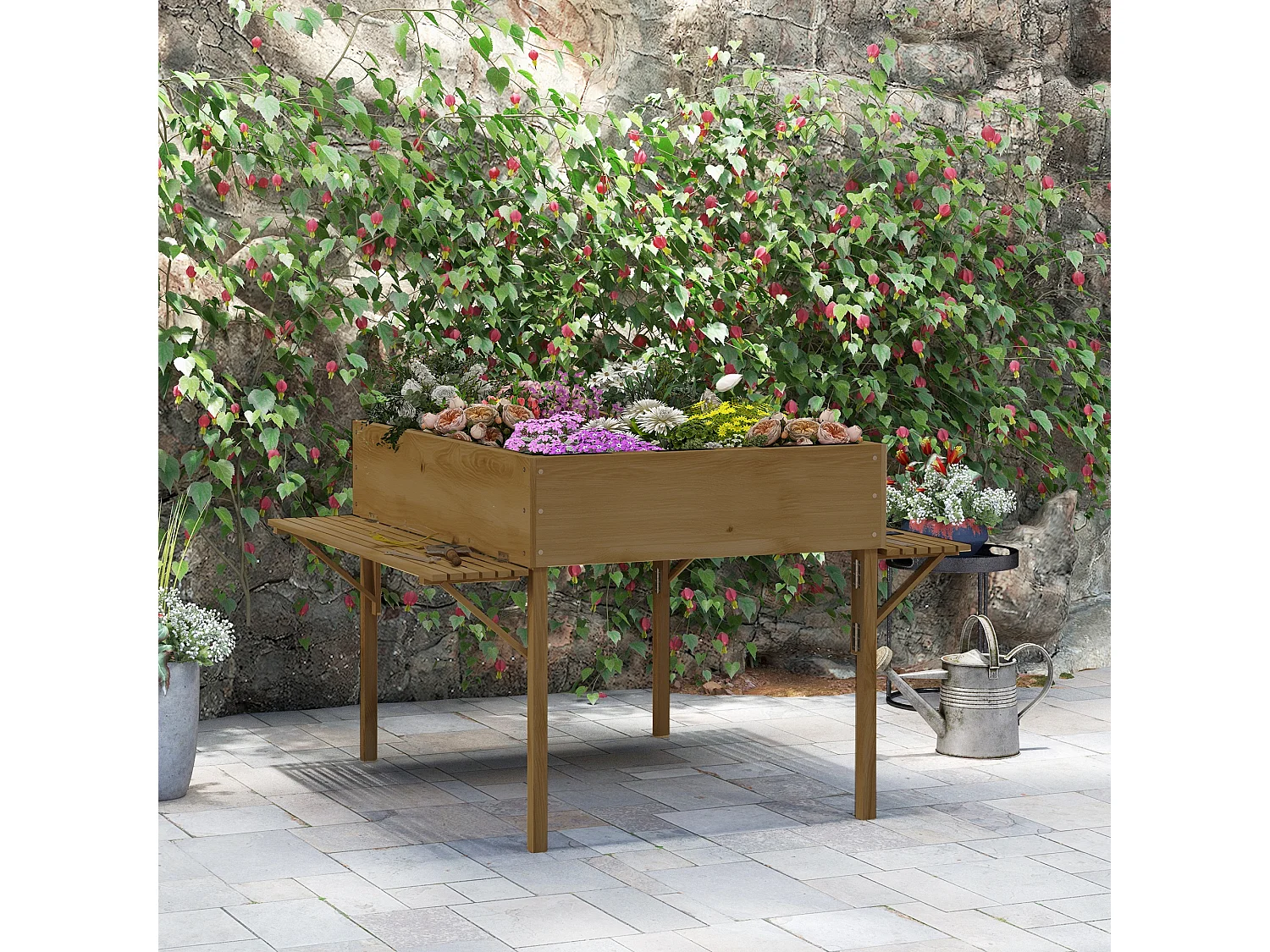 Jardinière rectangulaire sur pied - 12 compartiments, tablettes latérales rabattables - bois de sapin