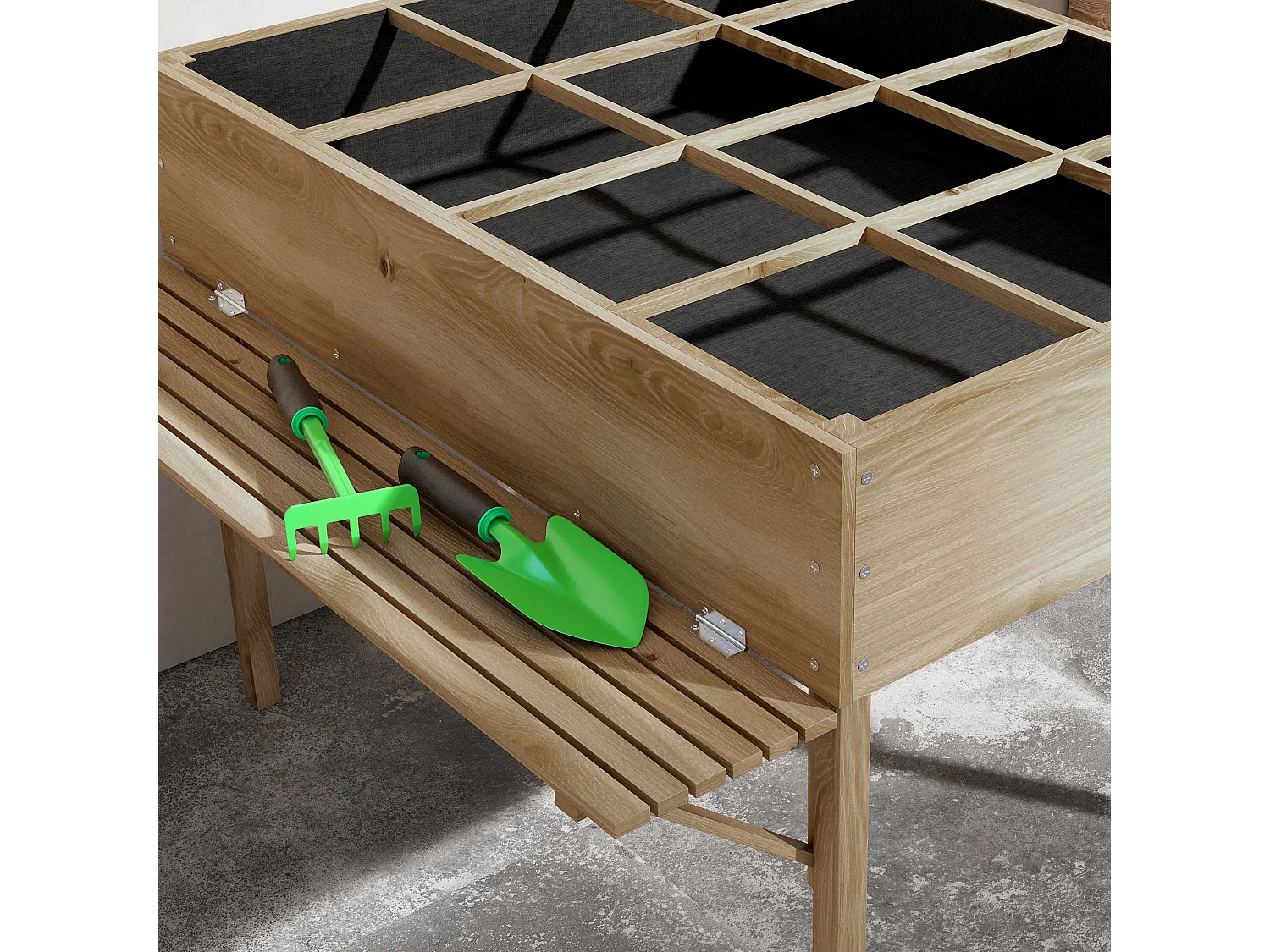 Jardinière rectangulaire sur pied - 12 compartiments, tablettes latérales rabattables - bois de sapin