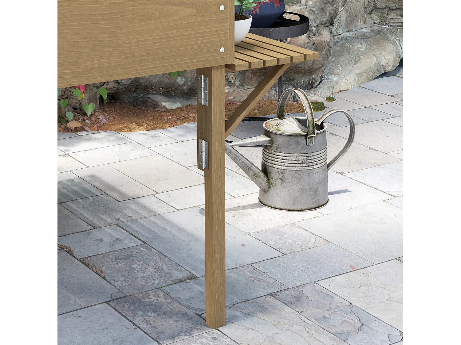 Jardinière rectangulaire sur pied - 12 compartiments, tablettes latérales rabattables - bois de sapin