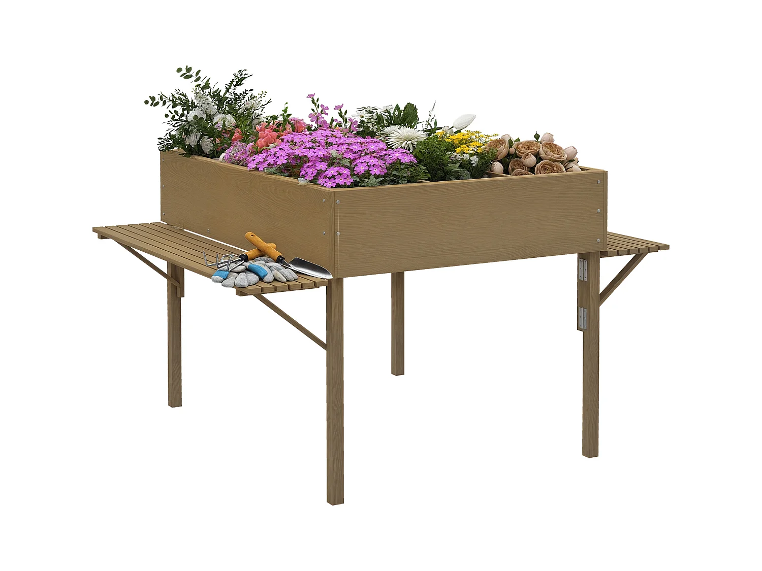 Jardinière rectangulaire sur pied - 12 compartiments, tablettes latérales rabattables - bois de sapin
