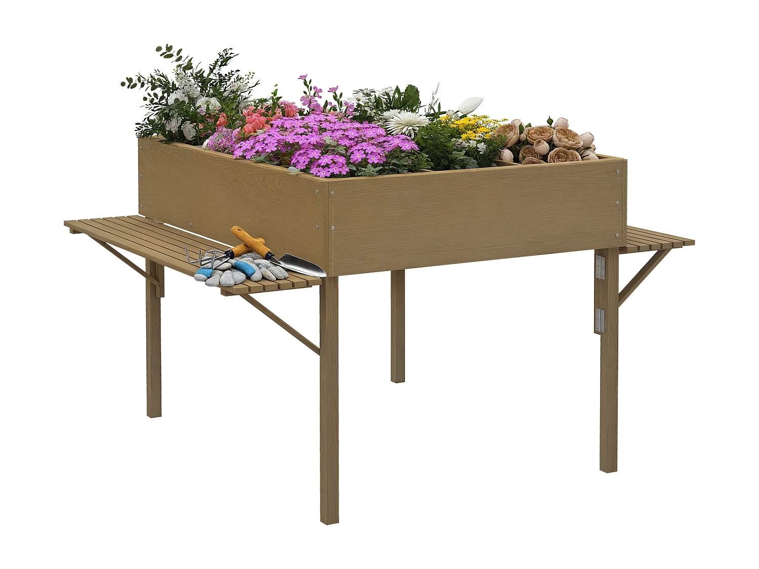 Jardinière rectangulaire sur pied - 12 compartiments, tablettes latérales rabattables - bois de sapin