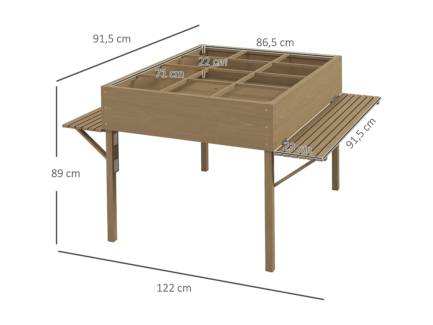 Jardinière rectangulaire sur pied - 12 compartiments, tablettes latérales rabattables - bois de sapin