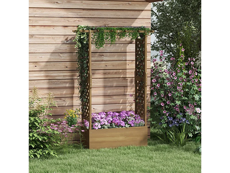 Jardinière rectangulaire potager sur pied avec treillis et arche bois sapin pré-huilé