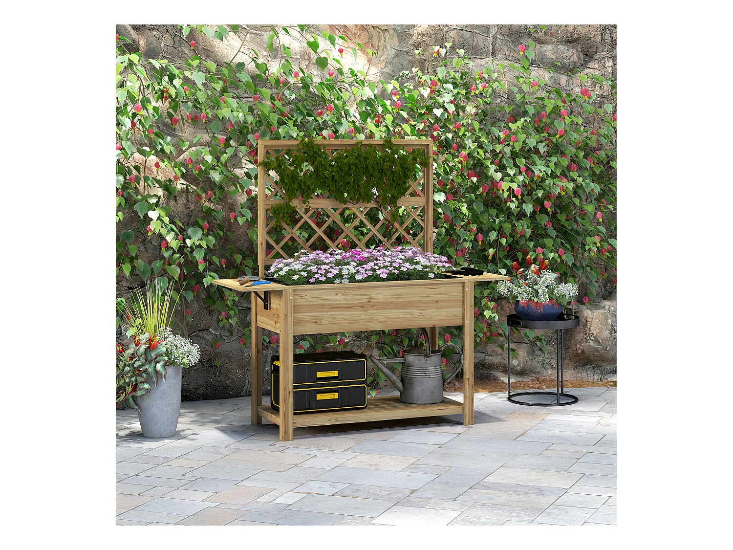 Jardinière rectangulaire sur pied avec treillis - tablettes, étagère - bois sapin autoclave