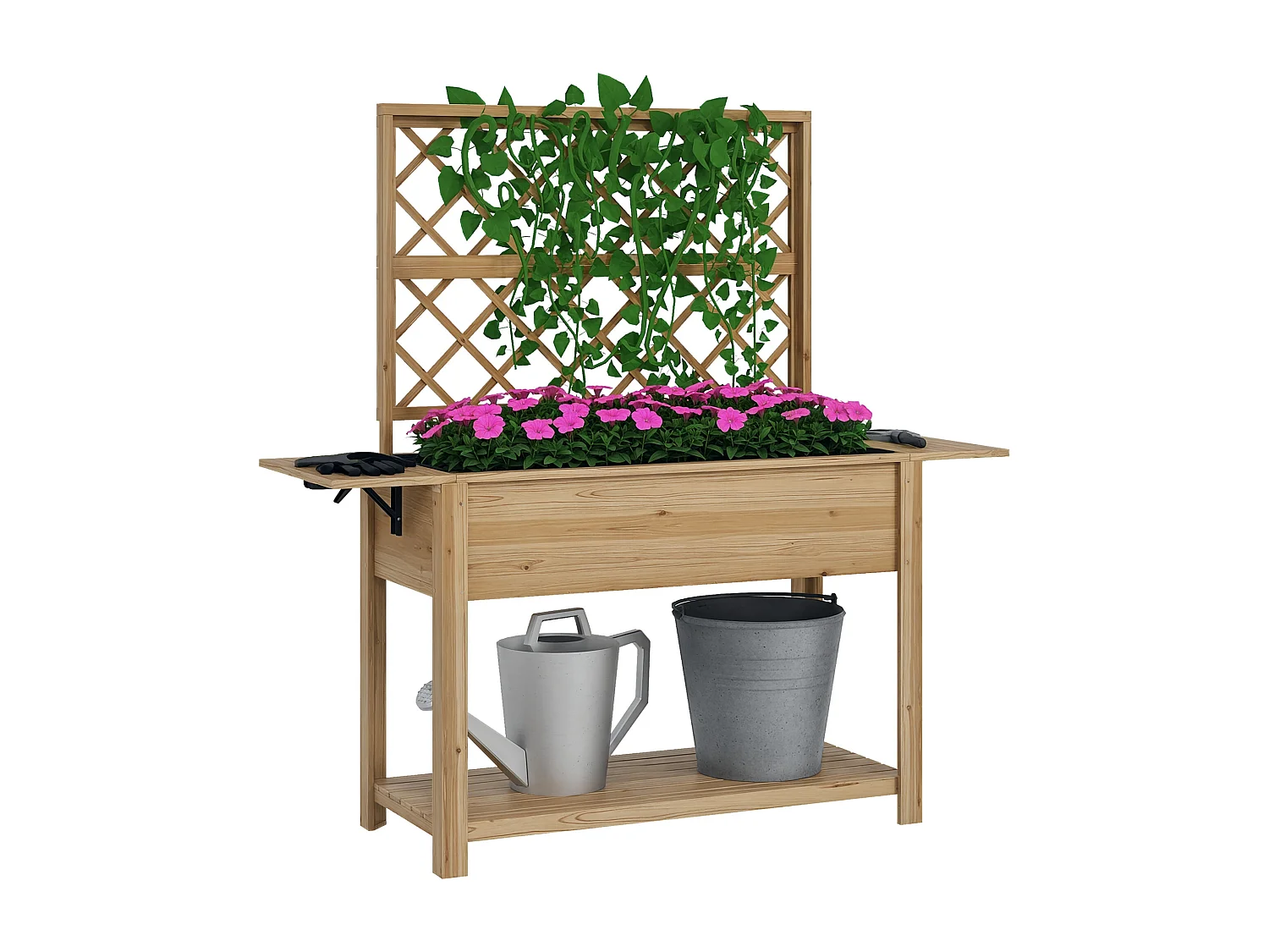 Jardinière rectangulaire sur pied avec treillis - tablettes, étagère - bois sapin autoclave